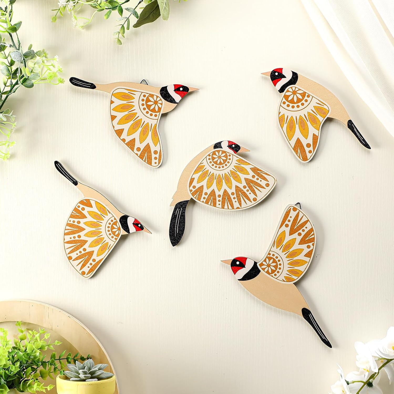 Barydat 5 Pcs Wooden Bird Wall Art Wood Flying Birds Wall Decor Rustic Folk Art Wall Decor Scandinavian Home Decor for Gift Bird Lover Living Room Bedroom Kitchen Office (Yellow)