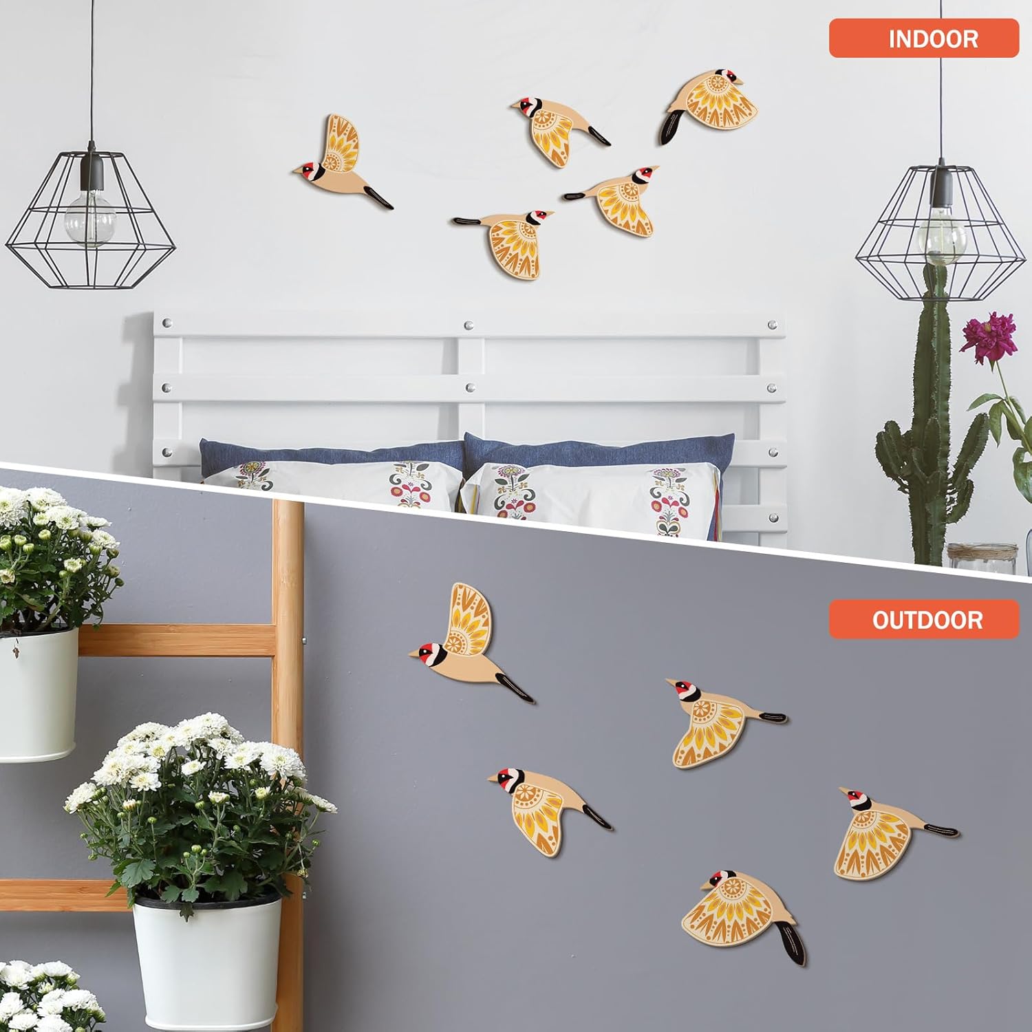Barydat 5 Pcs Wooden Bird Wall Art Wood Flying Birds Wall Decor Rustic Folk Art Wall Decor Scandinavian Home Decor for Gift Bird Lover Living Room Bedroom Kitchen Office (Yellow) - Image 3
