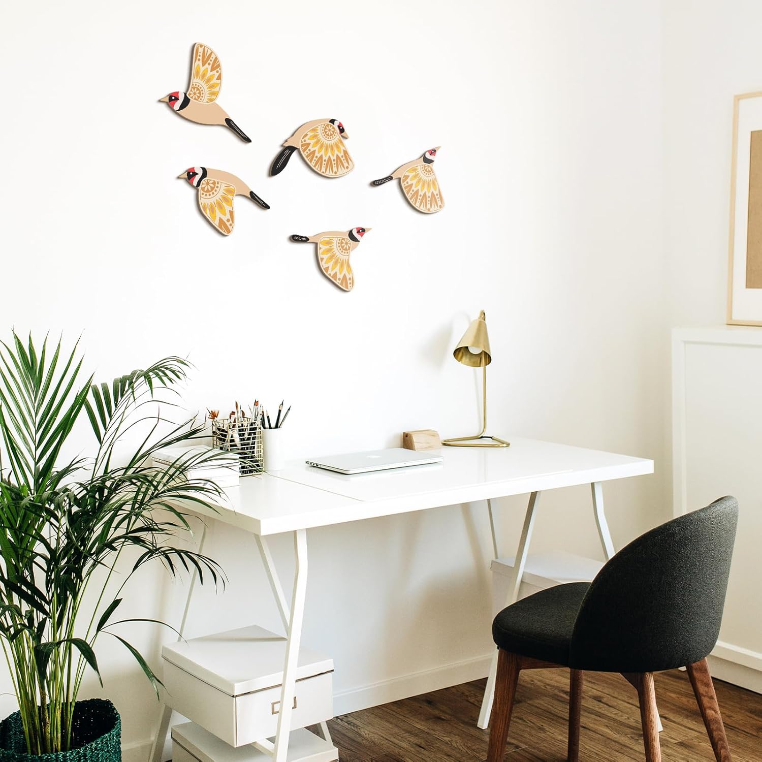 Barydat 5 Pcs Wooden Bird Wall Art Wood Flying Birds Wall Decor Rustic Folk Art Wall Decor Scandinavian Home Decor for Gift Bird Lover Living Room Bedroom Kitchen Office (Yellow) - Image 4