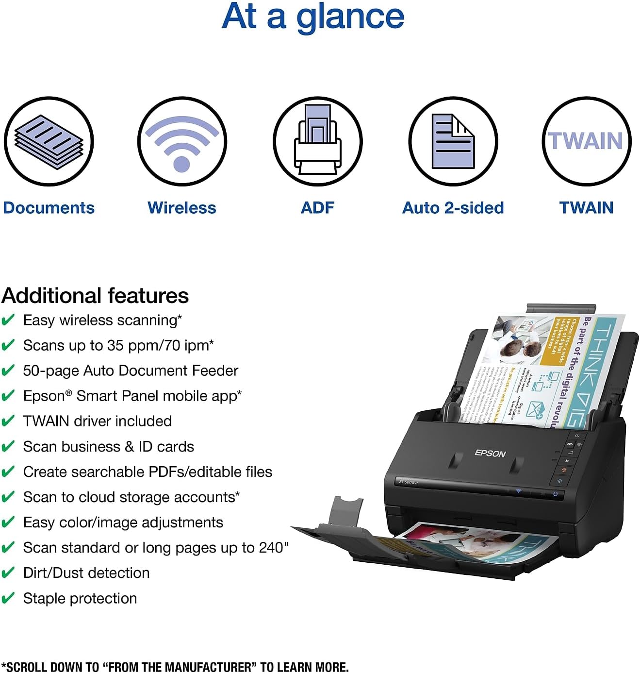 Epson Workforce ES-500W II Wireless Color Duplex Desktop Document Scanner for PC and Mac, with Auto Document Feeder (ADF) and Scan from Smartphone or Tablet - Image 2