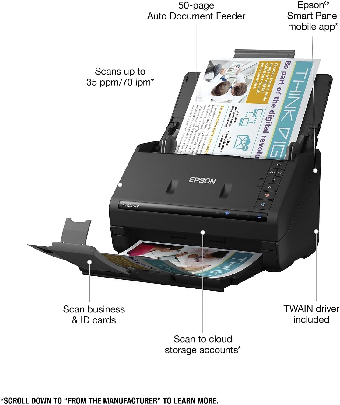 Epson Workforce ES-500W II Wireless Color Duplex Desktop Document Scanner for PC and Mac, with Auto Document Feeder (ADF) and Scan from Smartphone or Tablet - Image 3