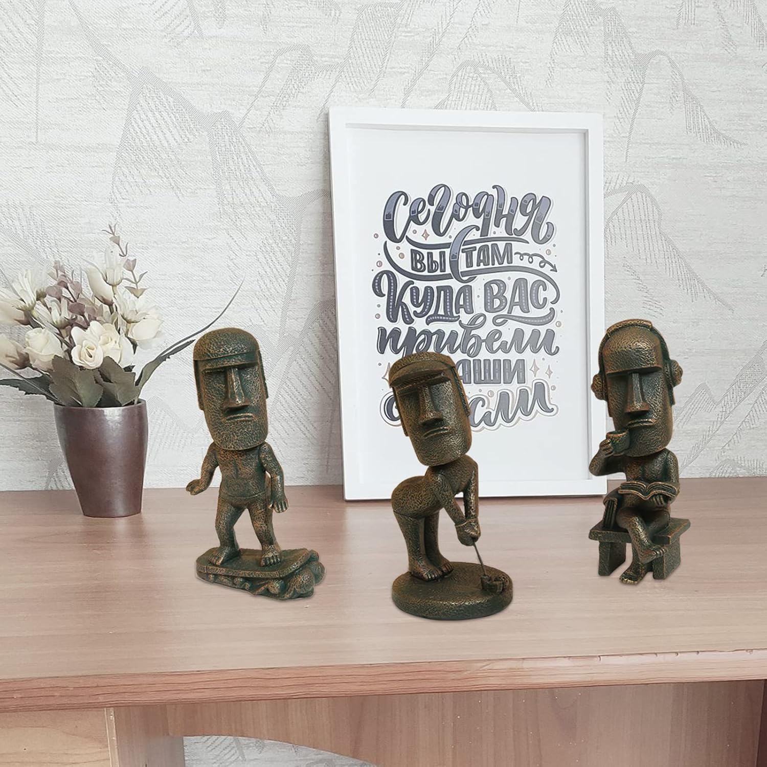 Moai Statue Decor - 6 Inch Easter Island Oranment Resin Stone Decoration for Room Accessories Antique Sculpture for Office Desktop (Play The Guitar) - Image 6