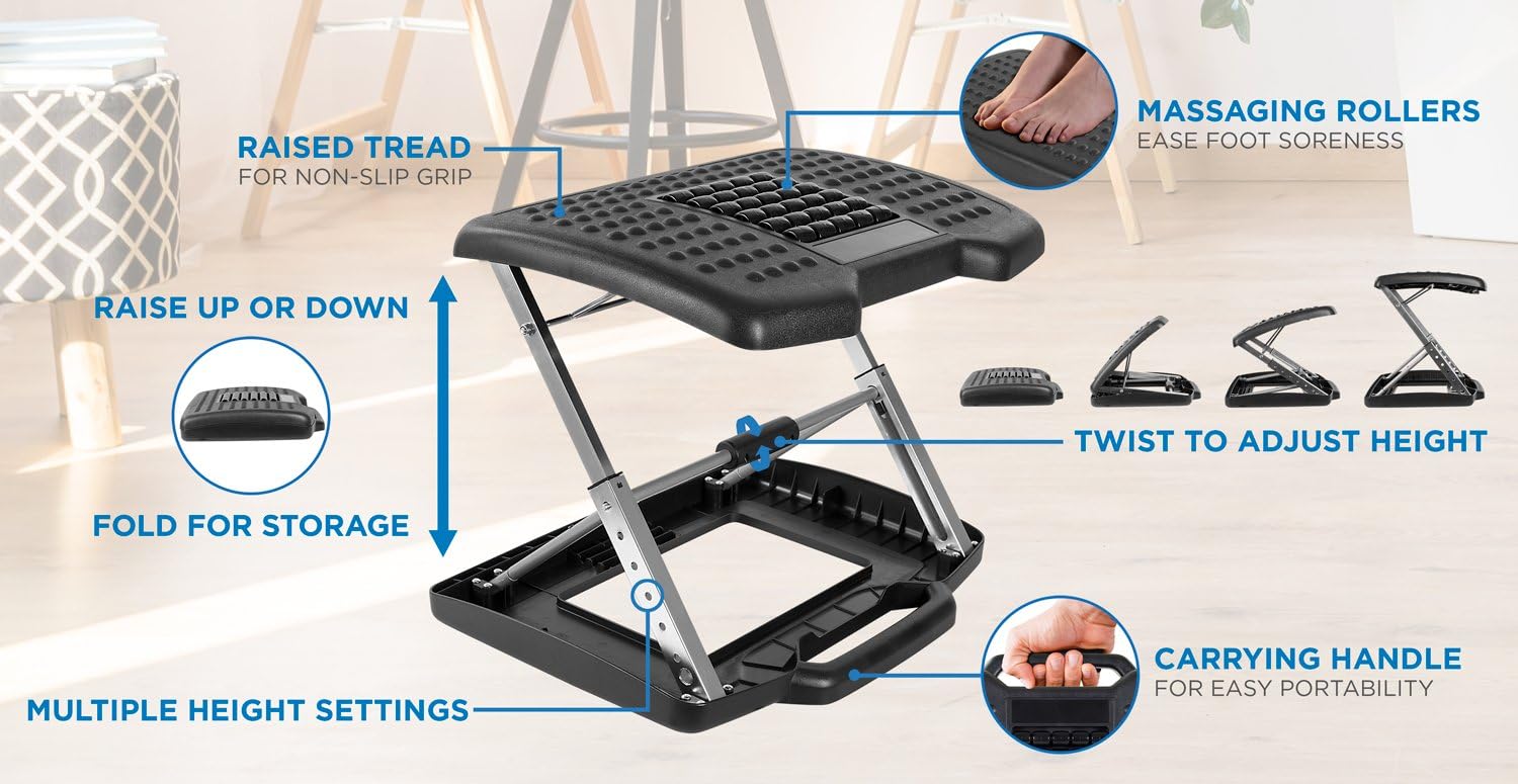 Mount-It! Adjustable Footrest with Massaging Bead | Adjustable Height and Tilt Office Foot Rest Stool for Under Desk Support | 5 Height Settings, 3 Tilt Settings | Black - Image 3