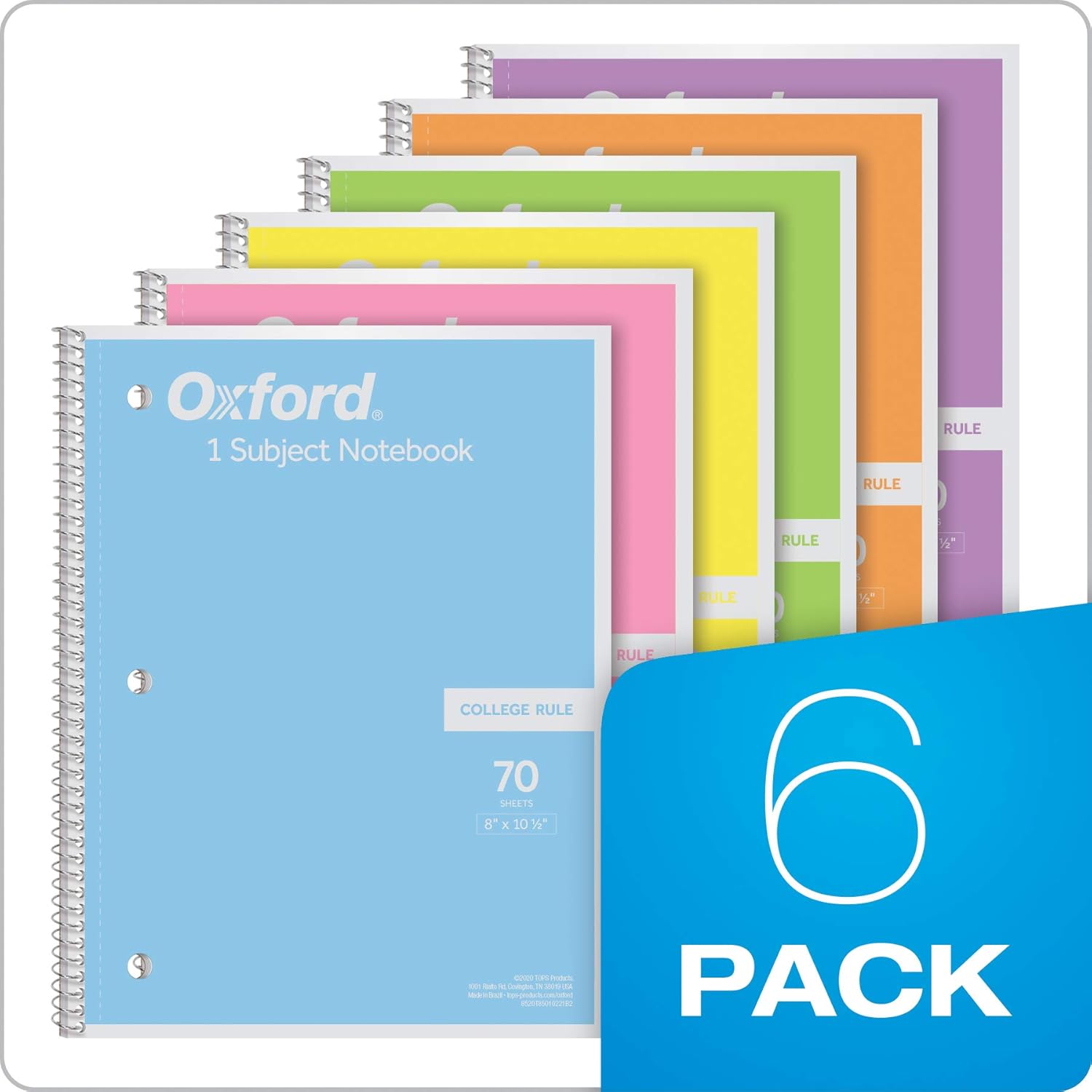 Oxford Spiral Notebook, 1 Subject, College Ruled Paper, 8 x 10-1/2 Inch, Pastel Pink, Orange, Yellow, Green, Blue and Purple, 70 Sheets (63756), Set of 6 - Image 6