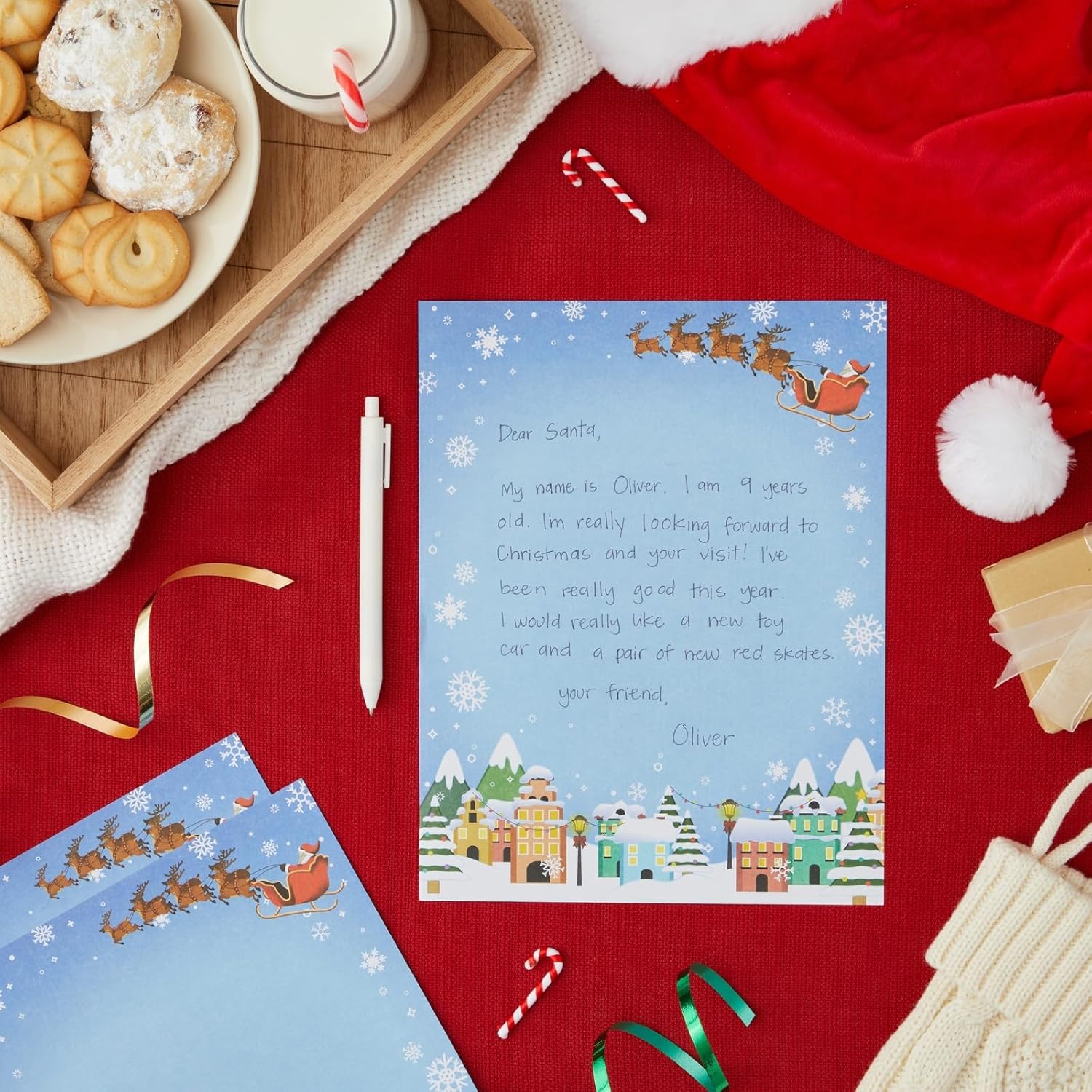 Pipilo Press 96 Sheets Christmas Stationery Paper for Writing Letters, 8.5x11 Printer Friendly Cute Santa in Sleigh, Snowflakes Letterhead, Festive Holiday Stationary - Image 2
