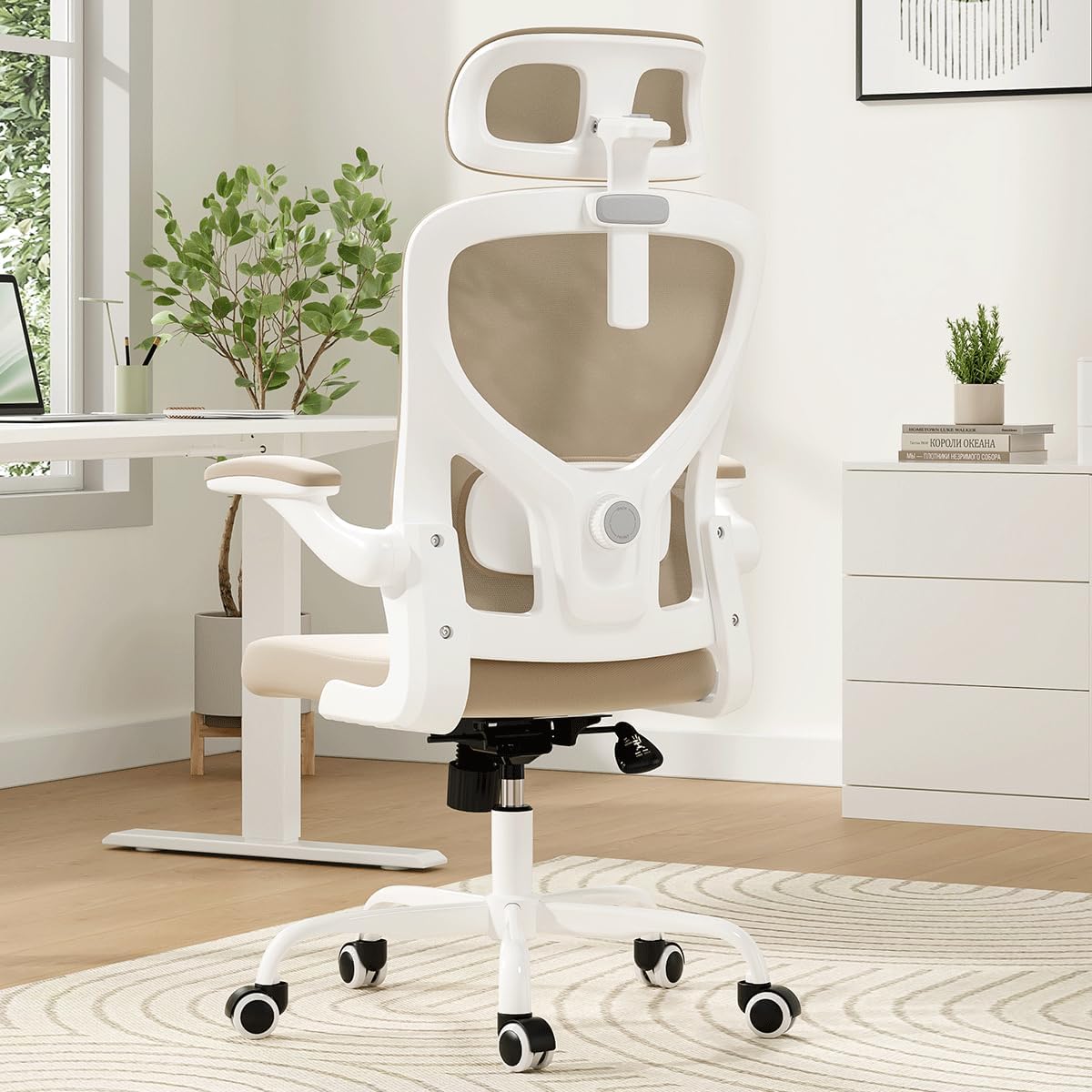 Soohow Ergonomic Office Chair,Home Office Desk Chair with Adjustable Lumbar Support and Flip-up Armrests,Comfy Computer Desk Chair with Headrest,for Home and Office (Khaki)