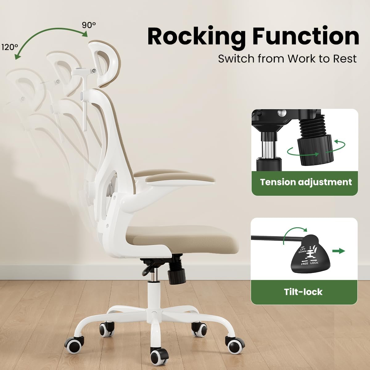 Soohow Ergonomic Office Chair,Home Office Desk Chair with Adjustable Lumbar Support and Flip-up Armrests,Comfy Computer Desk Chair with Headrest,for Home and Office (Khaki) - Image 6