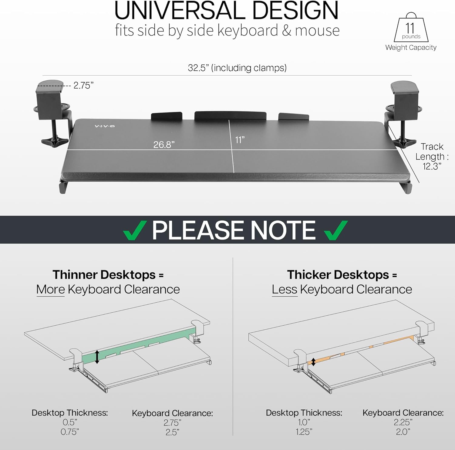 VIVO Large Under Desk Keyboard Tray with RGB LED Side Lights, C-clamp Mount, 27 (33 Including Clamps) x 11 inch Slide-Out Platform Computer Drawer for Typing, Carbon Black, MOUNT-KB05EL - Image 4