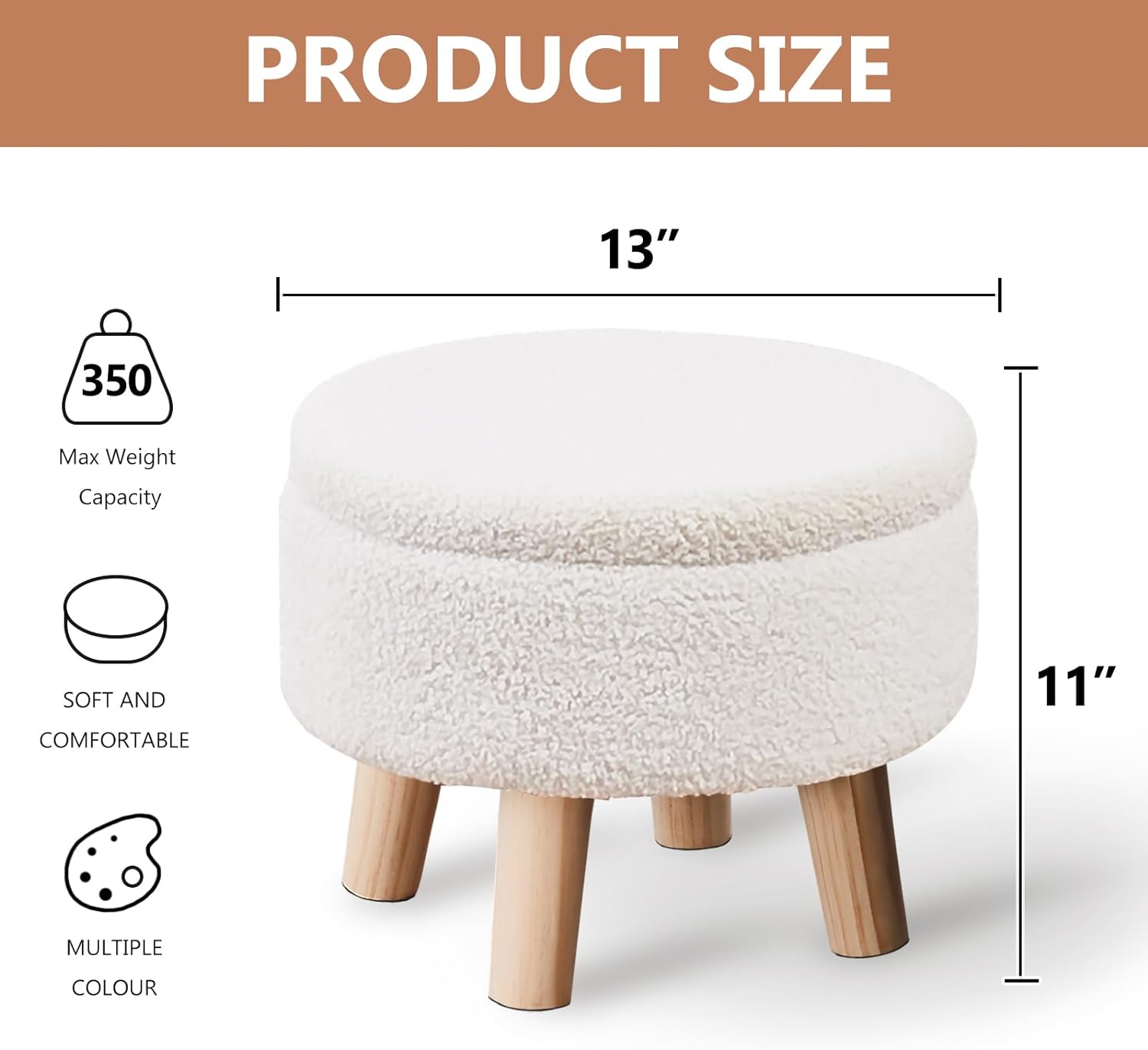Wimarsbon Storage Ottoman, Modern Round Footrest with Soft Padded Seat, Teddy Velvet Footstool with Wood Legs, Accent Small Table or Plant Stand for Hallway, Living Room (Cream) - Image 3