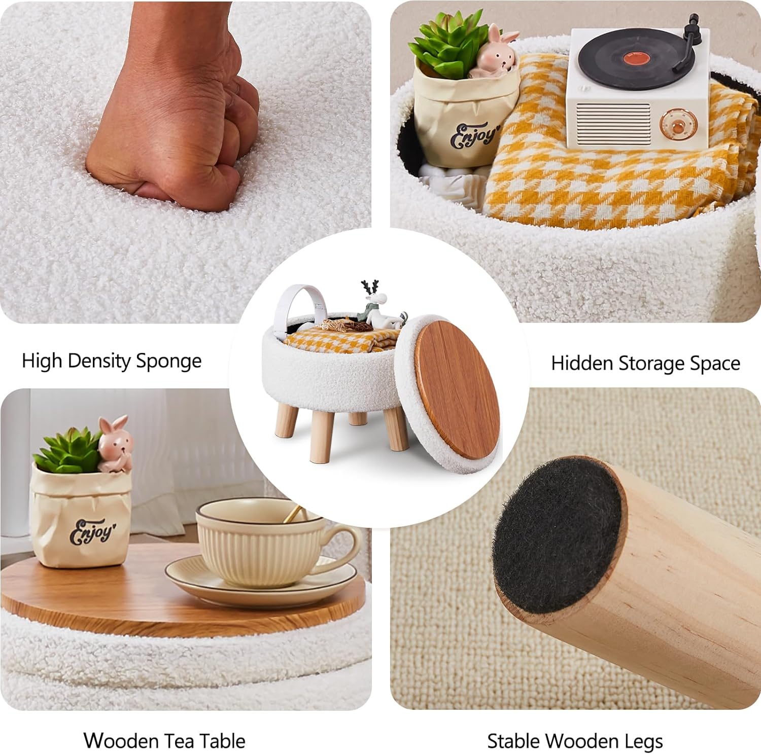 Wimarsbon Storage Ottoman, Modern Round Footrest with Soft Padded Seat, Teddy Velvet Footstool with Wood Legs, Accent Small Table or Plant Stand for Hallway, Living Room (Cream) - Image 4