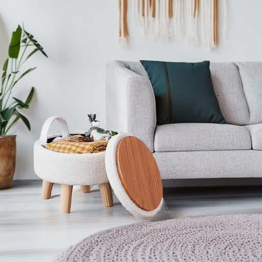 Wimarsbon Storage Ottoman, Modern Round Footrest with Soft Padded Seat, Teddy Velvet Footstool with Wood Legs, Accent Small Table or Plant Stand for Hallway, Living Room (Cream) - Image 5