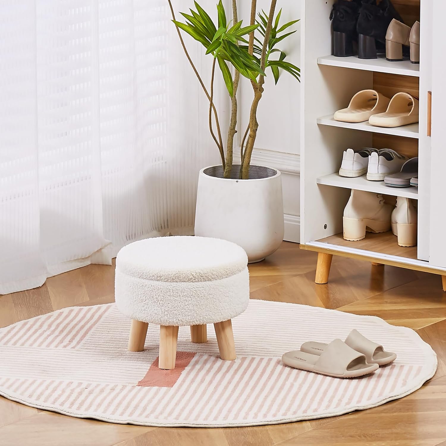 Wimarsbon Storage Ottoman, Modern Round Footrest with Soft Padded Seat, Teddy Velvet Footstool with Wood Legs, Accent Small Table or Plant Stand for Hallway, Living Room (Cream) - Image 6