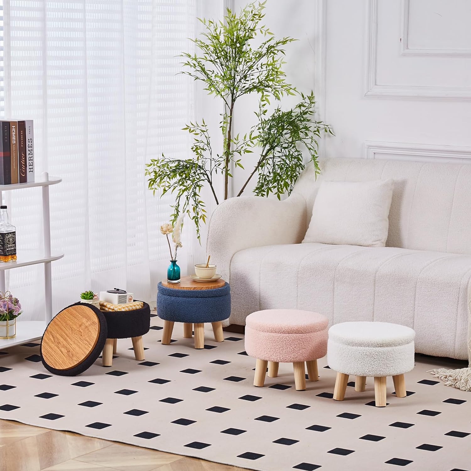 Wimarsbon Storage Ottoman, Modern Round Footrest with Soft Padded Seat, Teddy Velvet Footstool with Wood Legs, Accent Small Table or Plant Stand for Hallway, Living Room (Cream) - Image 8
